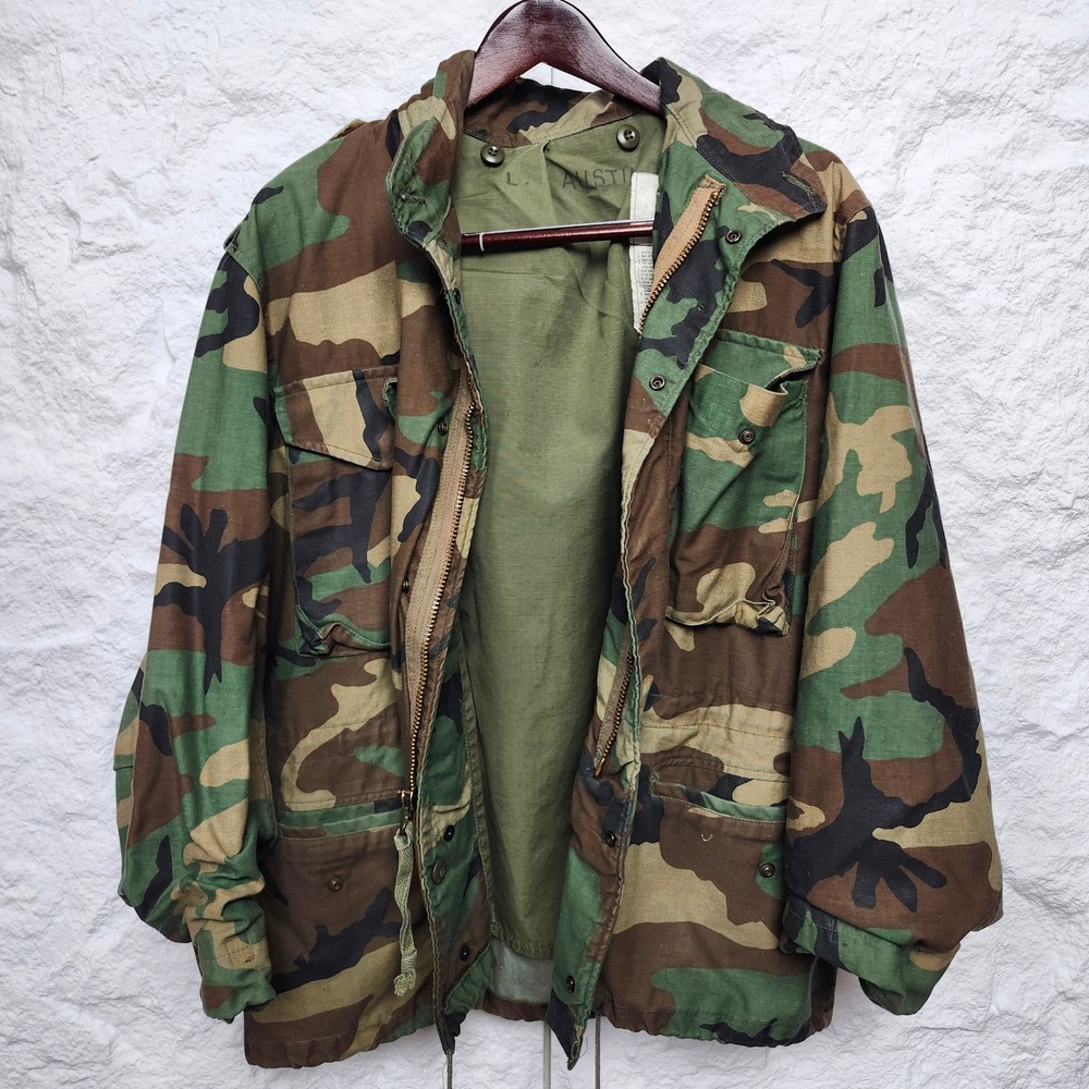 Vintage 80s M65 Field Jacket Woodland Camo US Military Army Medium Short